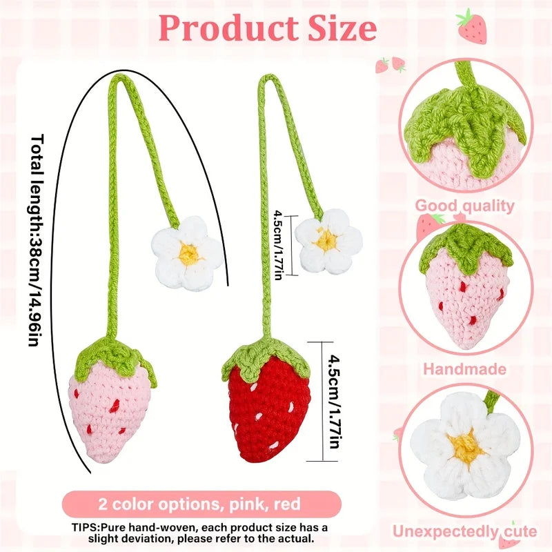 Cute Strawberry Car Hanging Decor - Knitted Fruit Pendant for Vehicle Interior