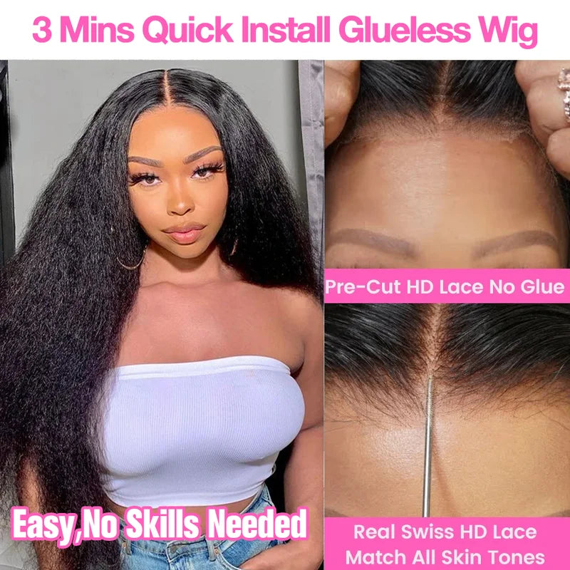 Glueless Lace Front Human Hair Wigs - Kinky Straight HD & Transparent Lace Closure