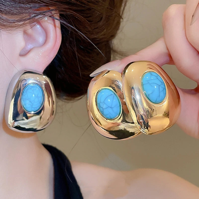 Oversized Turquoise Ear Studs - Gold Color Oval Earrings for Women