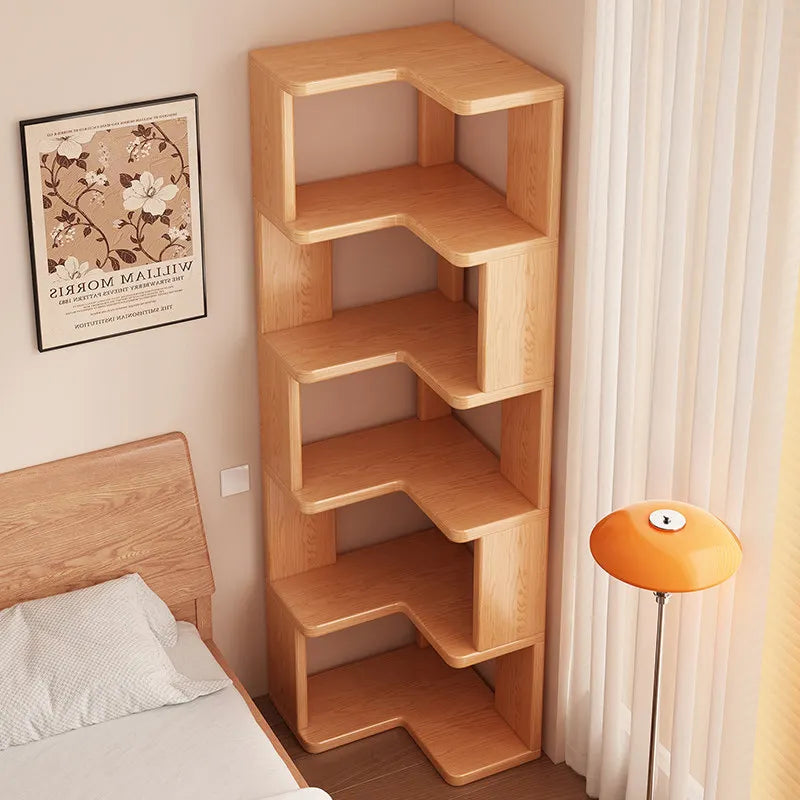 Solid Wood Corner Bookshelf with Floor Standing Design for Living Room or Bedroom