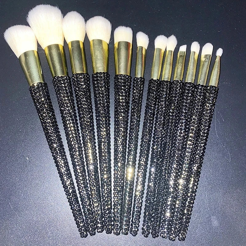 Diamond-Studded Makeup Brushes 12-Piece Set Garnished with Gems for Foundation Concealer