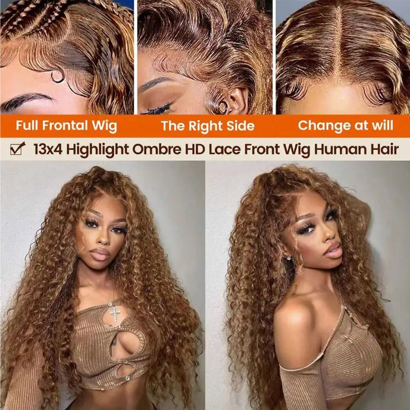 Highlight Human Hair Wigs Curly 13x4 HD Lace Frontal Honey Blonde Options