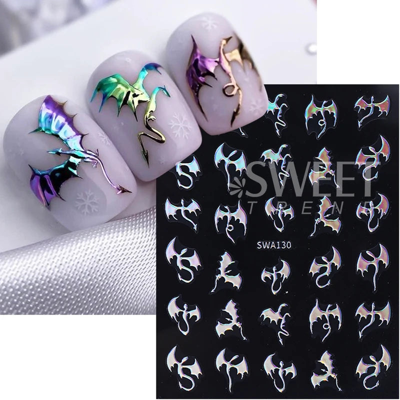 3pcs Metallic Flying Dragon Nail Stickers Halloween Nail Art Decals Gold Silver