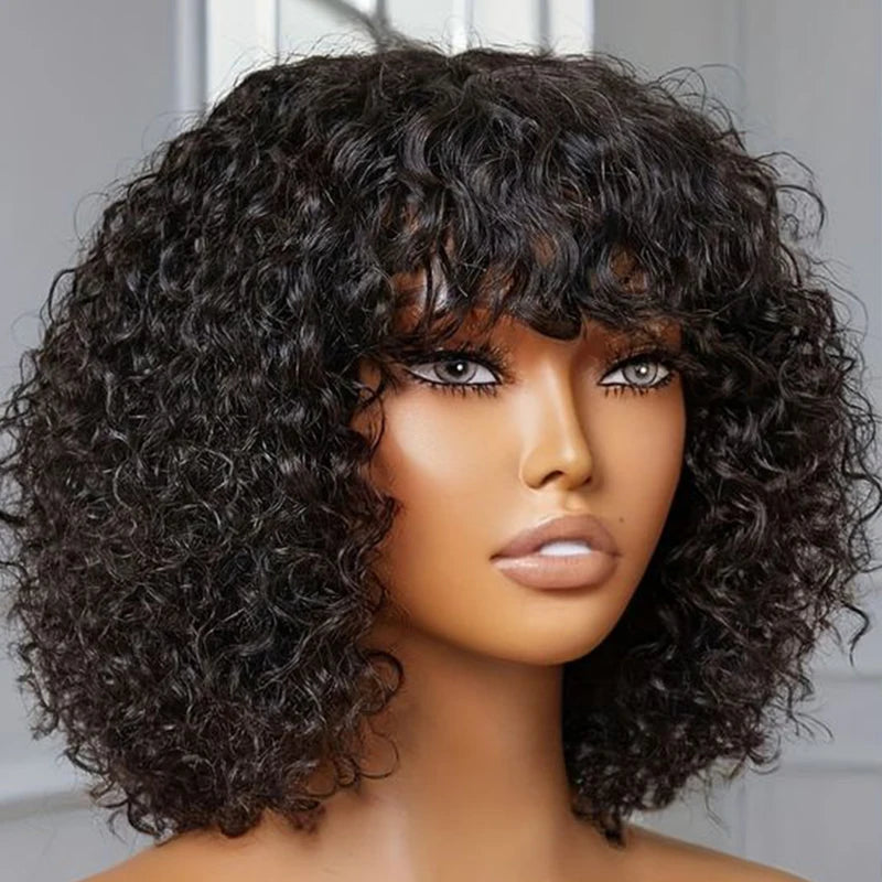 Curly Short Bob Human Hair Wigs with Bangs - Glueless Highlight Blonde Water Wave Wig for Women