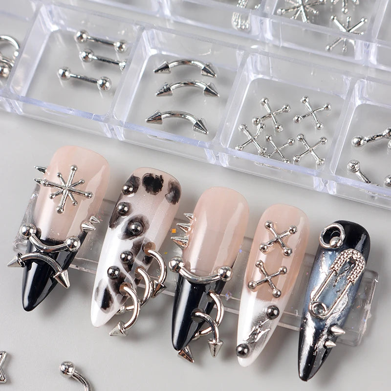 12-Grid Metallic Nail Charms Set - Punk Gothic 3D Studs & Rivets for Nails