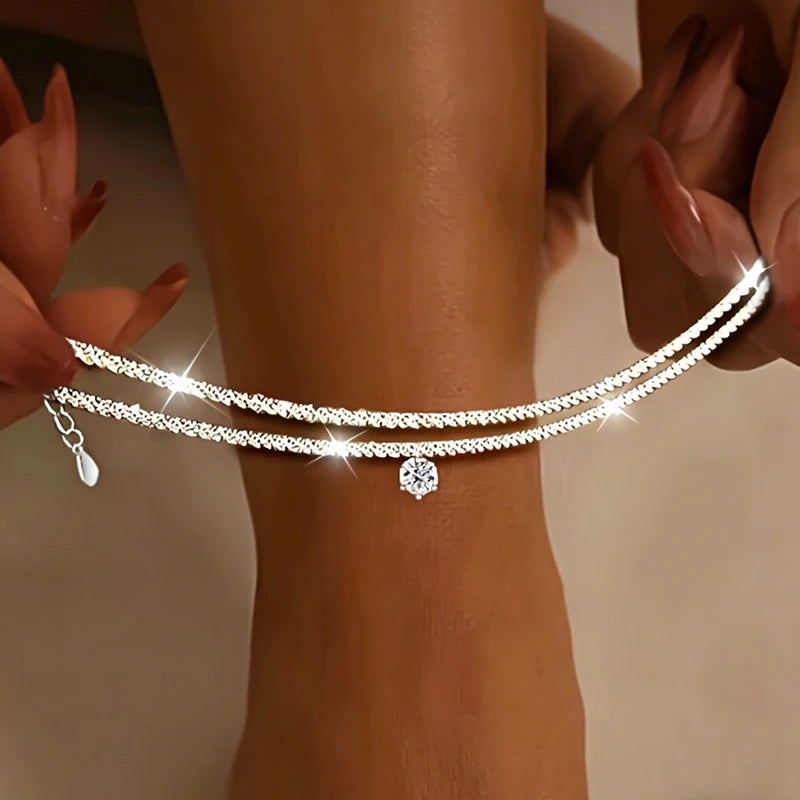 Adjustable Double Layer Cubic Zirconia Anklet for Beach & Summer Wear