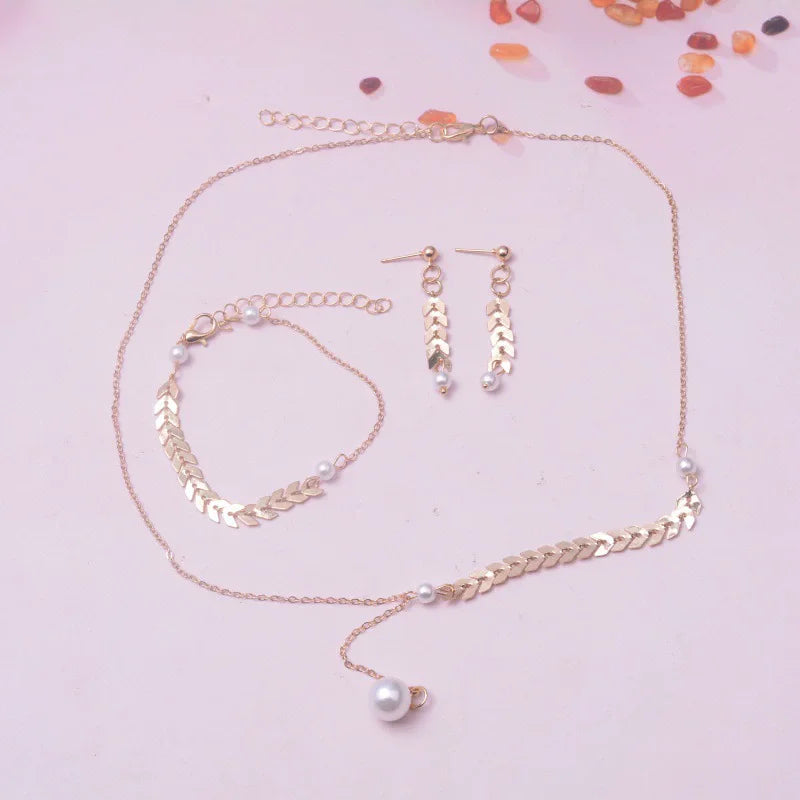 Women Jewelry Sets Necklace Bracelet Earrings Gold Wheat Charm Wedding Party Gift