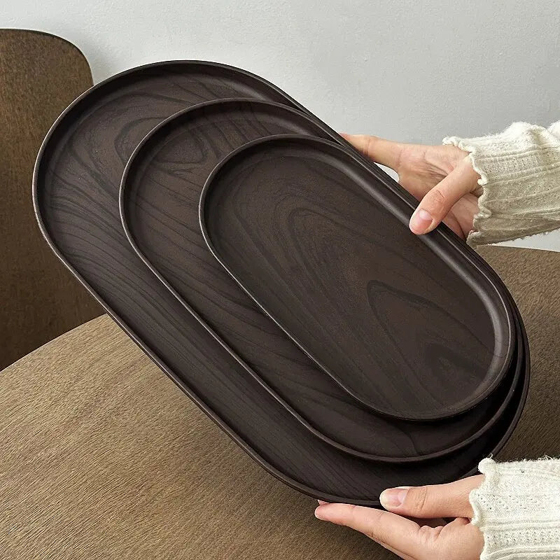 Multi-Purpose Walnut Wood Grain Oval Serving Tray - Kitchen Organizer & Decor