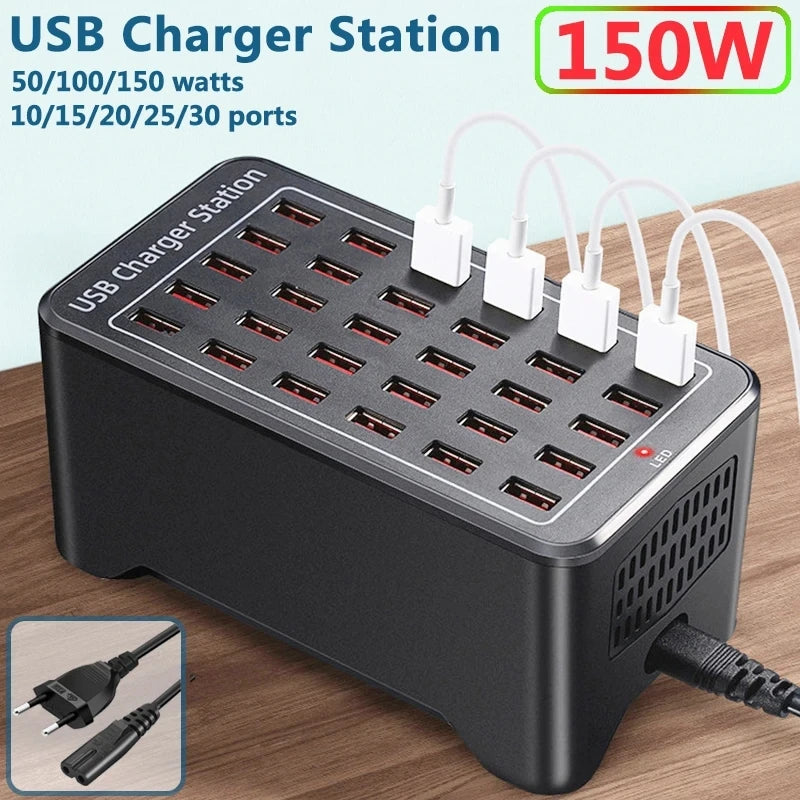 Multi-Port USB Charger Station 10-30 Ports 150W Fast Charging Hub Power Adapter
