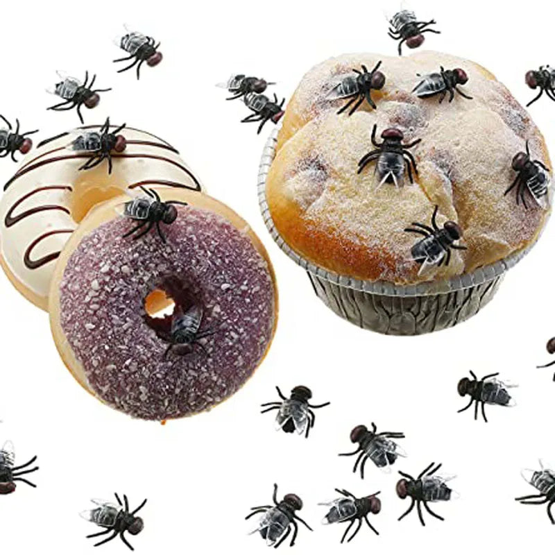 Fake Plastic Flies Insect Prank Toys Set - Halloween Joke Trick Props
