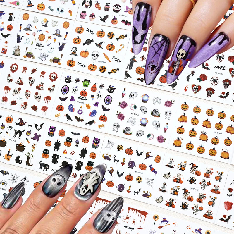 30pcs Halloween Nail Art Stickers Ghost Pumpkin Skull Bat Black Cat Decorations