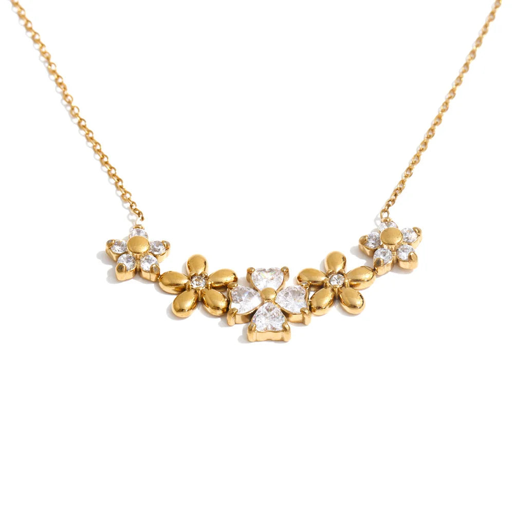 Stainless Steel Zirconia Flower Necklace Pendant 18K Gold Plated Jewelry