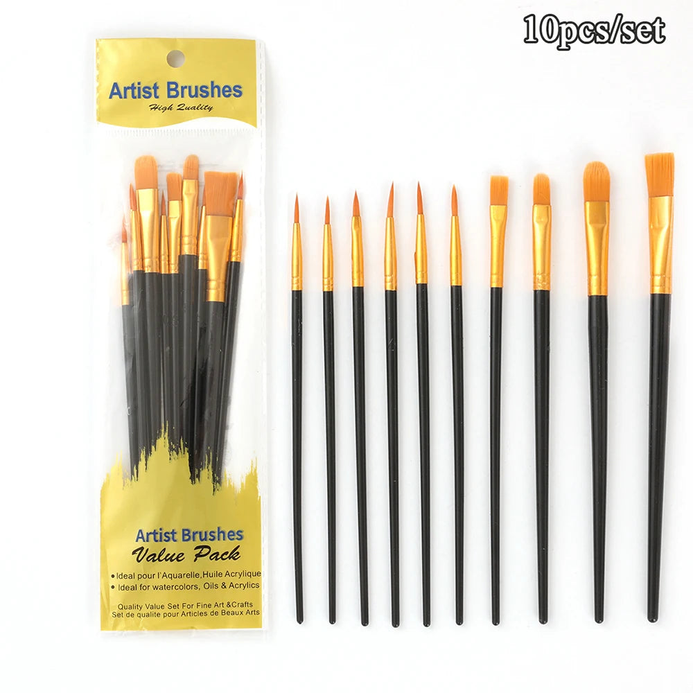 10-Piece Artist Paint Brush Set - Nylon Hair Watercolor & Body Painting Tools