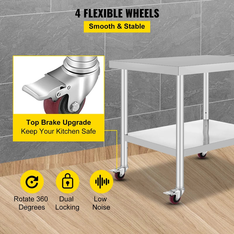 Stainless Steel Kitchen Prep Table with Casters and Backsplash - Load Capacity 100-300kg