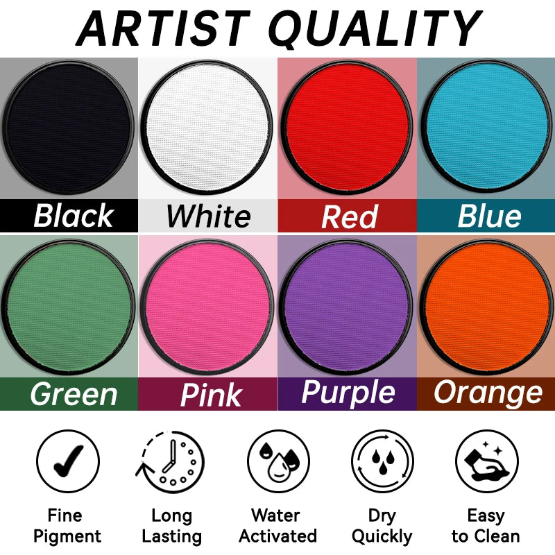 Water Based Paint Set for Halloween Makeup with Brushes - Clown, Cosplay, Party, Theater