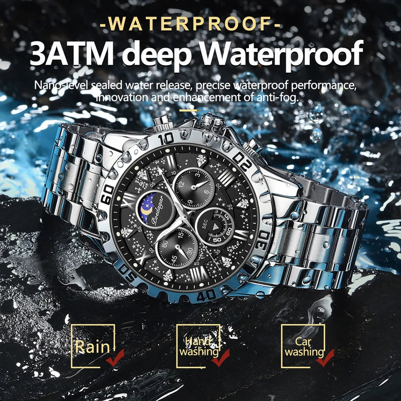 Men's Waterproof Luminous Stainless Steel Quartz Chronograph Wristwatch - Military Style