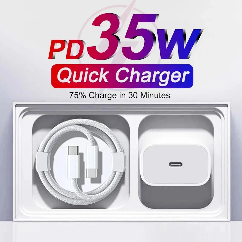 Fast Charger for iPhone 17-11 USB-C Cable Set EU US 35W PD Power Adapter