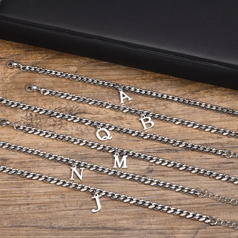 Men's Initials Cuban Link Chain Bracelets - Stainless Steel Alphabet Charm Wristband, Adjustable, Gift-Ready