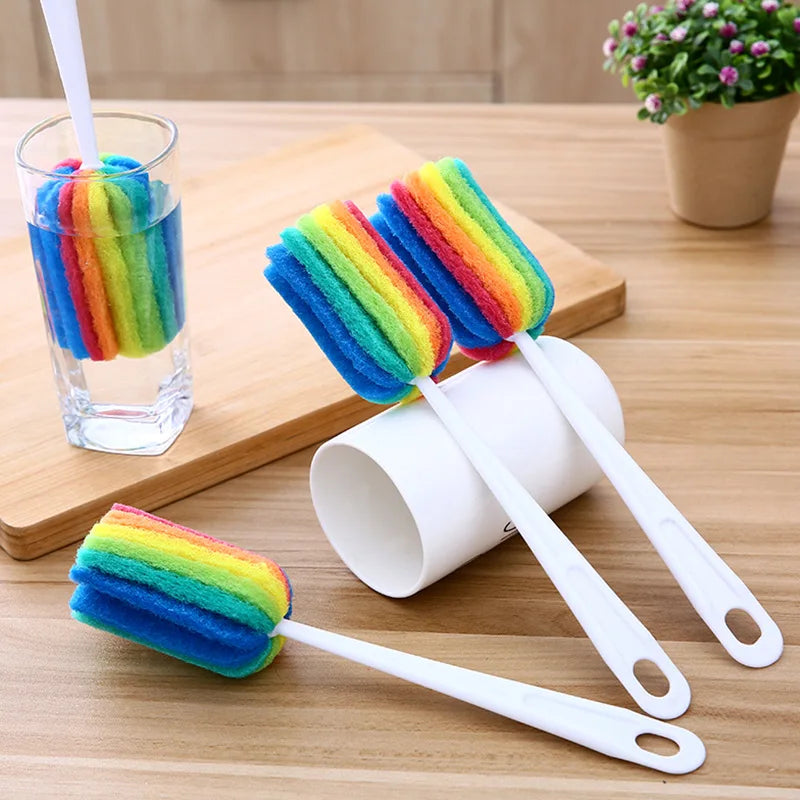 Rainbow Sponge Bottle Brush with Long Handle - Reusable Glass & Mug Cleaning Tool