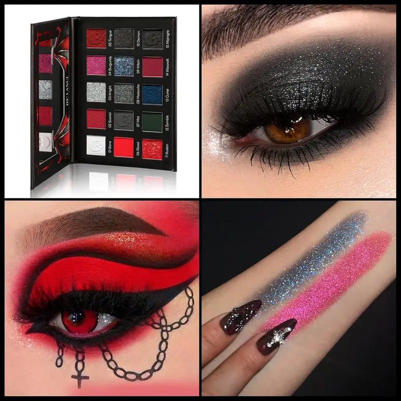 15-Color Eyeshadow Palette Matte Glitter Shimmer Goth Makeup for Halloween