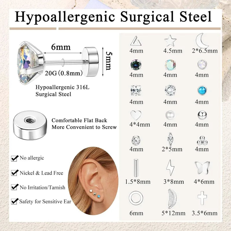 Hypoallergenic Flat Back Stud Earrings for Men Women Surgical Steel Jewelry