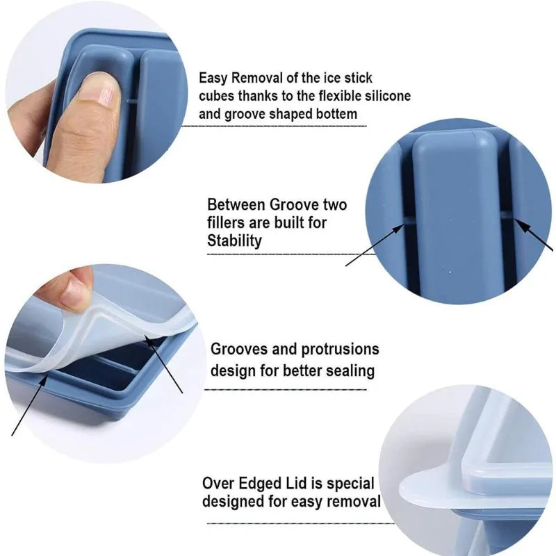 Silicone Ice Stick Tray with Lid - Rectangular Long Ice Mold for Drinks & Snacks