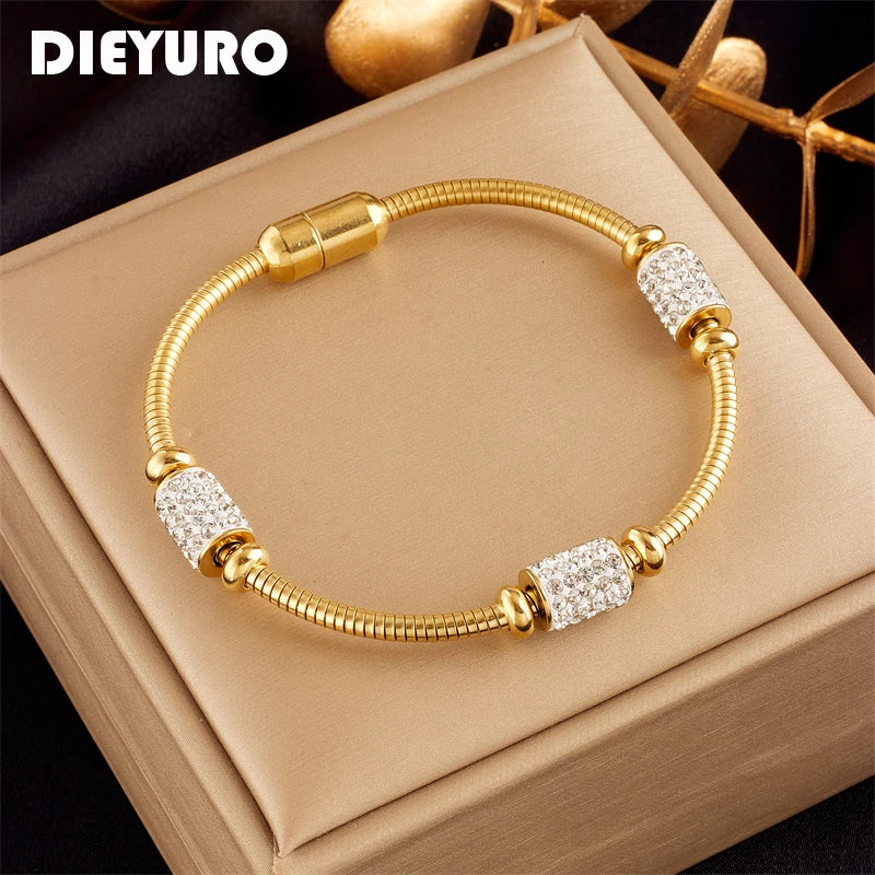 Gold Color Zirconia Beaded Bracelet for Women - Stainless Steel Snake Chain Jewelry