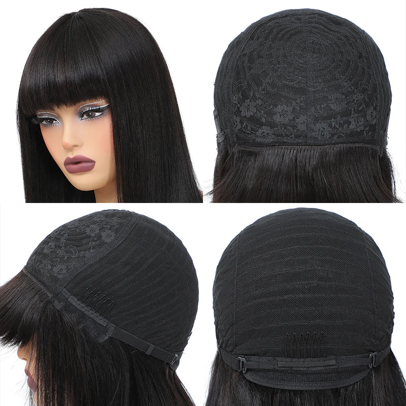 Short Bob Wig with Bangs - Human Hair, Straight, 180% Density for Women