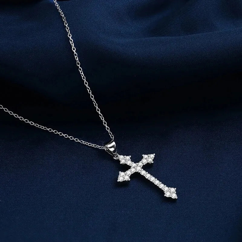Women’s Gold-Color Necklace with Cross Pendant and Rhinestones, 45cm