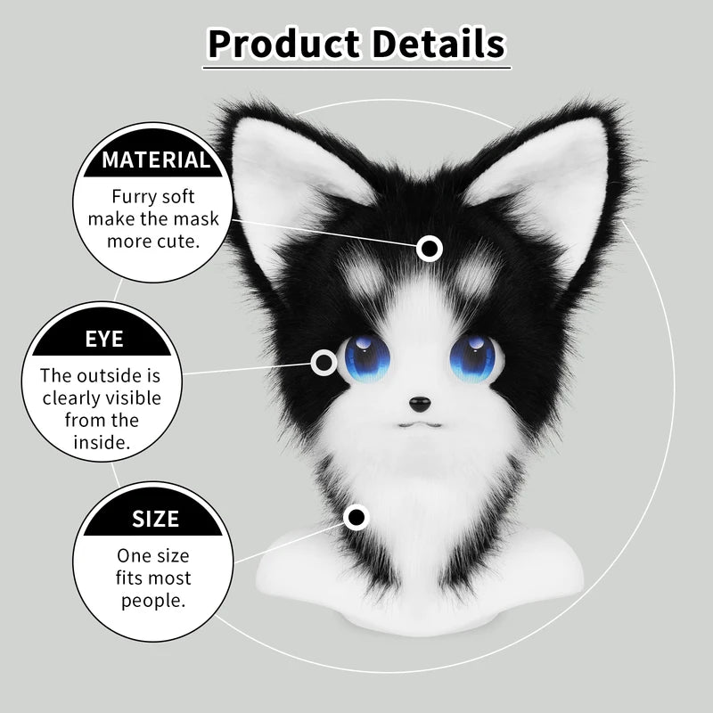 Animal Furry Fursuit Head Mask Plush Cat Fox Costume Prop for Halloween Cosplay