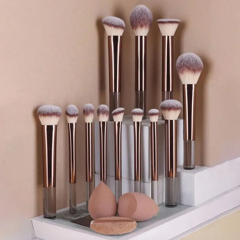 12pcs Makeup Brush Set with Sponges & Powder Puff - Travel Cosmetic Tools
