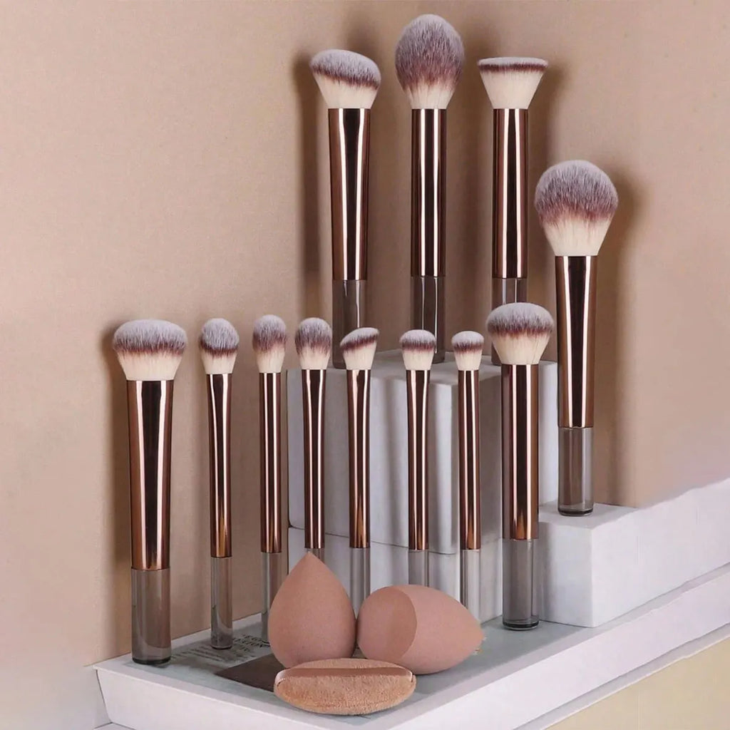 12pcs Makeup Brush Set with Sponges & Powder Puff - Travel Cosmetic Tools