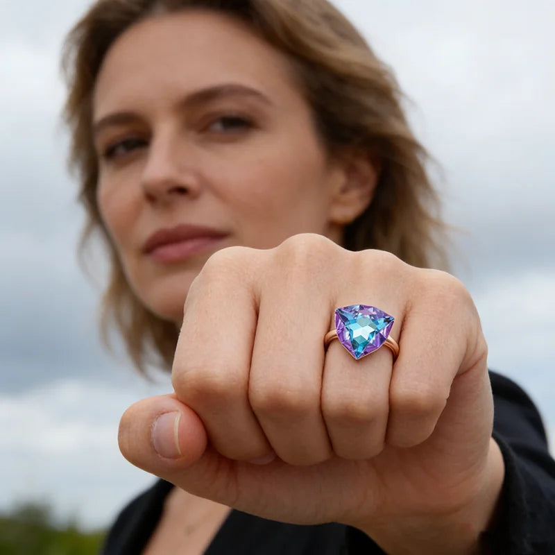 Colorful Zircon Triangle Ring for Women - Rose Gold Wedding Jewelry