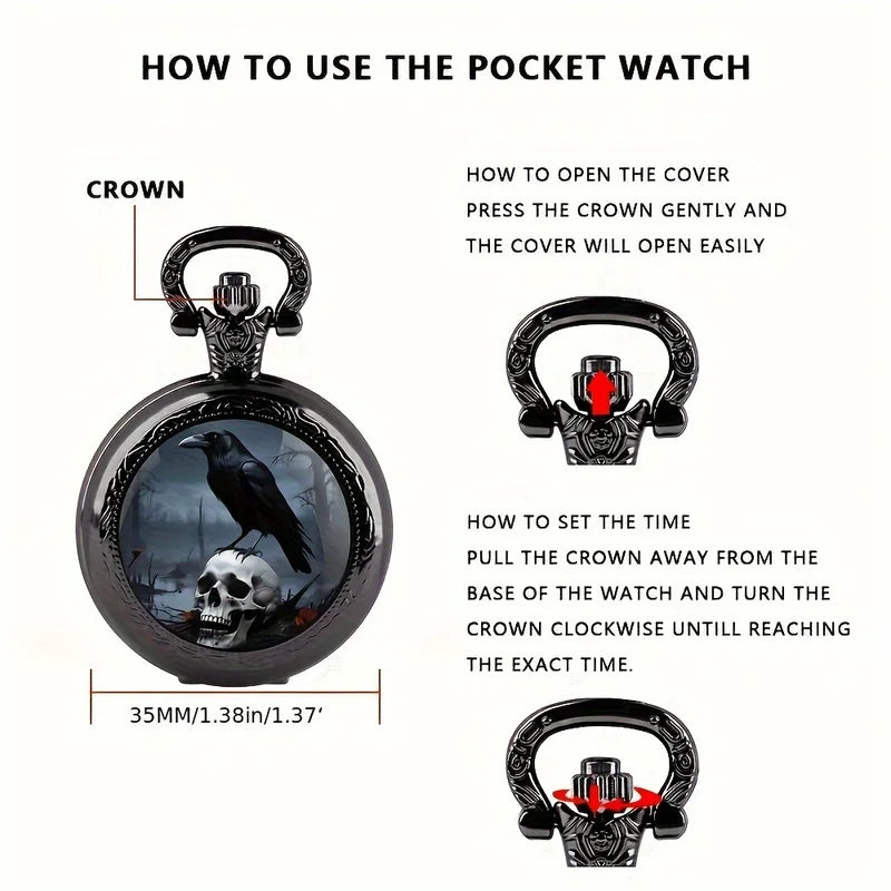 Vintage Gothic Crow & Skull Pocket Watch with Black Chain - Halloween Gift
