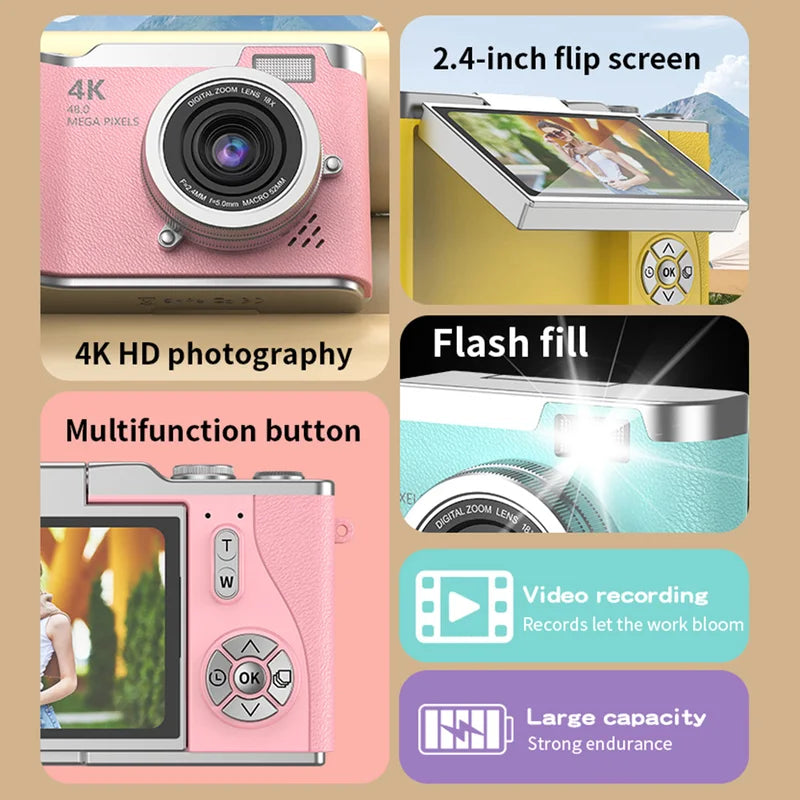 4K Digital Camera with 48MP HD Sensor, 8X Zoom, Flip Screen & Anti-Shake