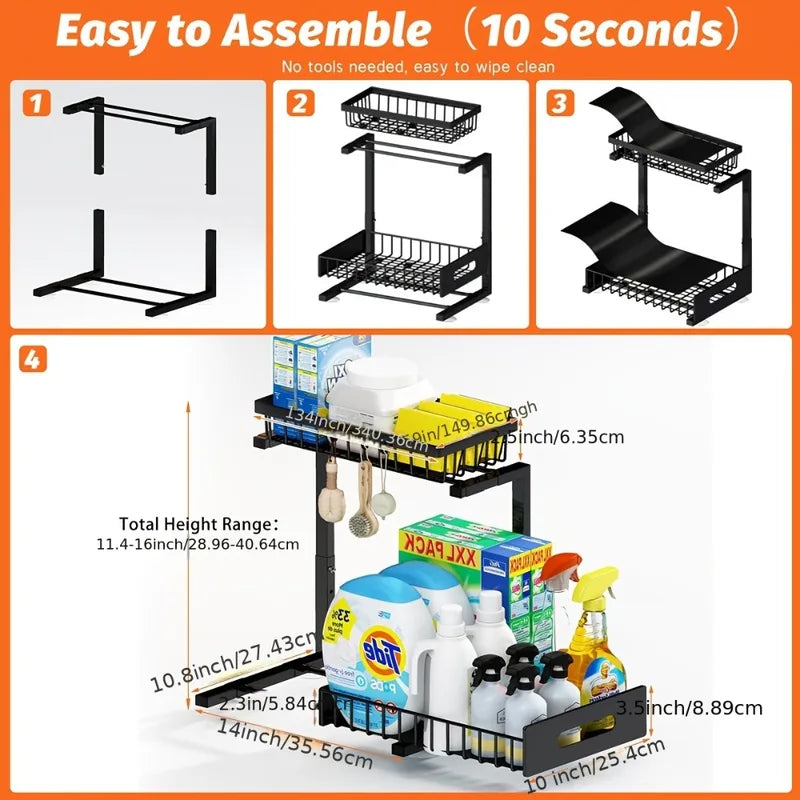 Under Sink Organizer with Sliding Drawer - Metal Storage Shelves for Kitchen Cabinets