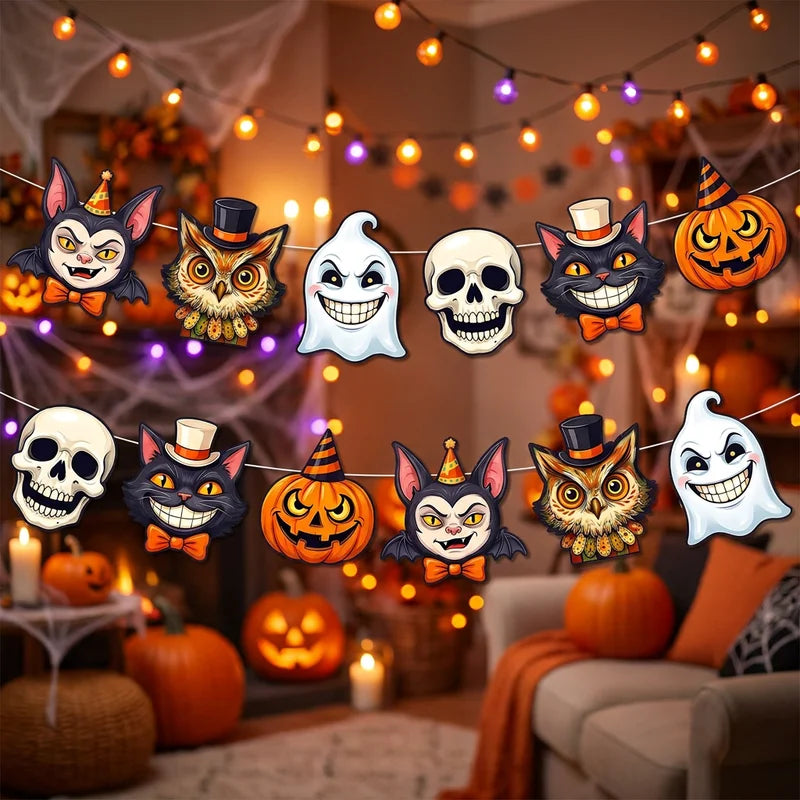 Halloween Banner Spooky Pumpkin Ghost Witch Black Cat Bunting - Holiday Home Decorations