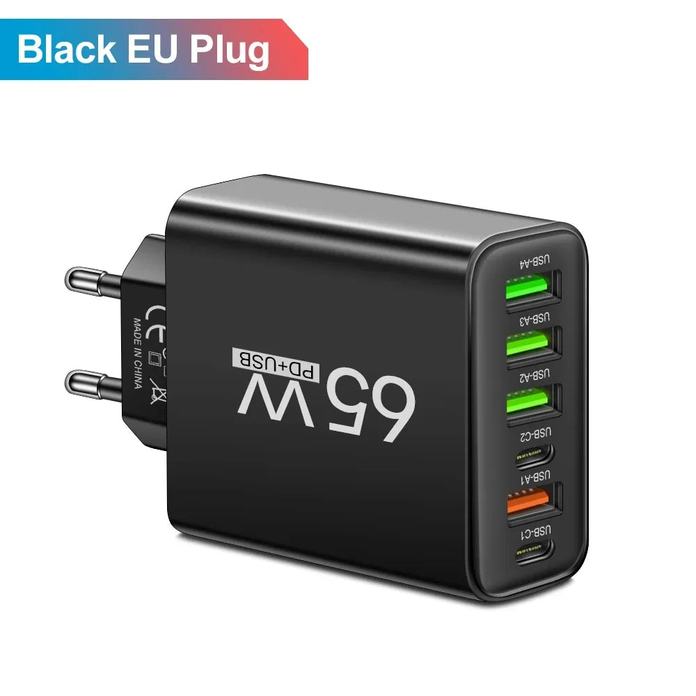 65W Multi Ports USB Charger with Fast Charging Type C Phone Adapter - EU/US Wall Plug