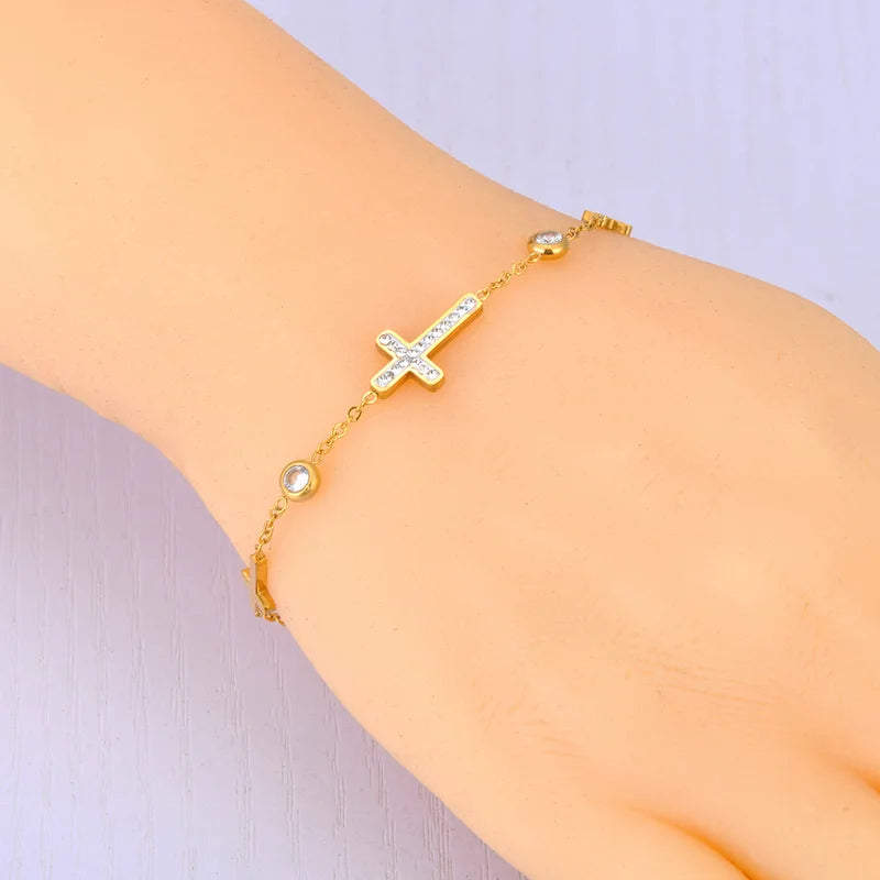 Stainless Steel Cross Charm Bracelet for Women 18K Gold Plated Wedding Jewelry