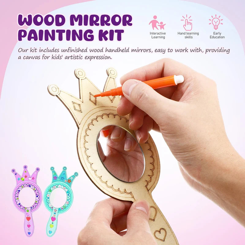 Wooden Handheld Mirror Craft Kit with Coloring Pens for Kids - 23 Pieces
