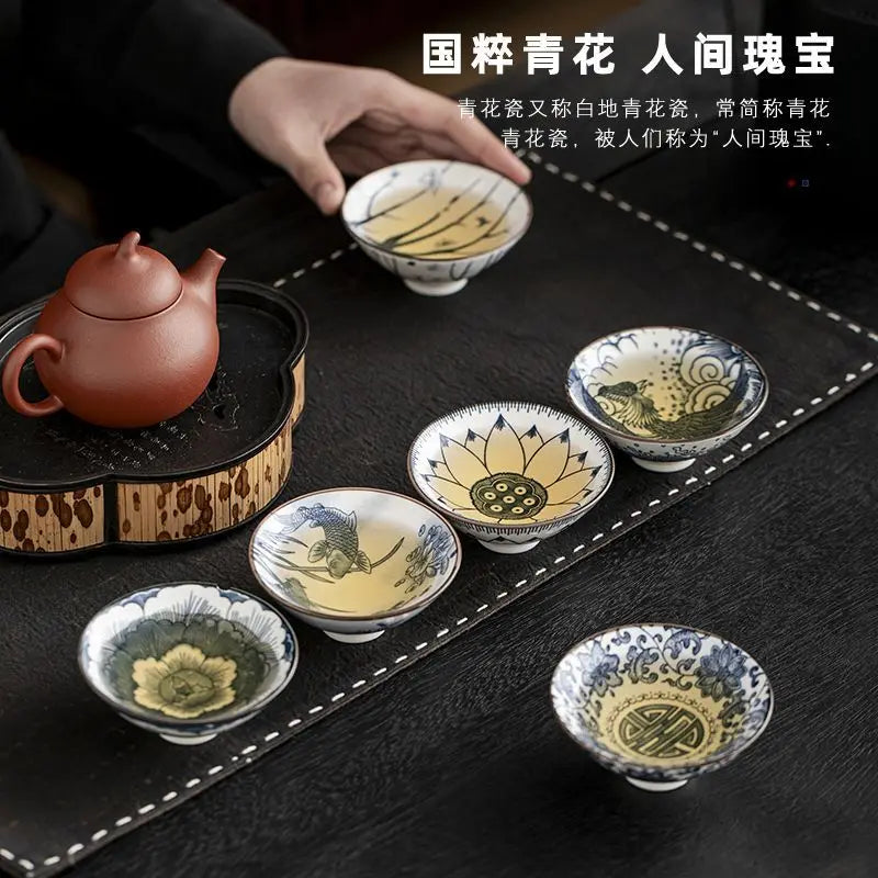 Ceramic Tea Tasting Bowls Set - Vintage Blue and White Porcelain 10 Pcs Gift Box