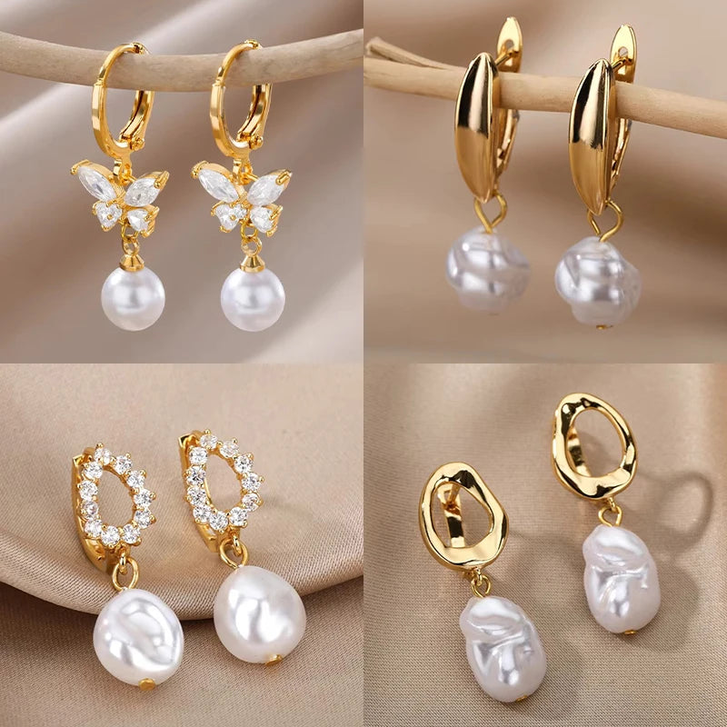 Butterfly Zircon Stainless Steel Pearl Earrings for Women - Gold Plated Piercing Jewelry