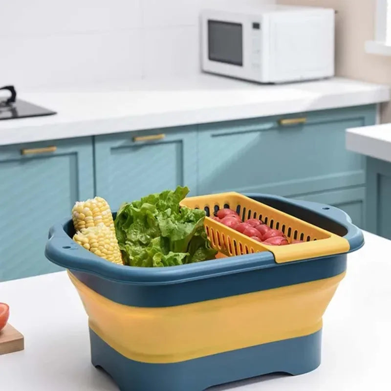 Foldable Silicone Dish Basin with Drainage Basket - Portable Collapsible Sink for Kitchen & Camping