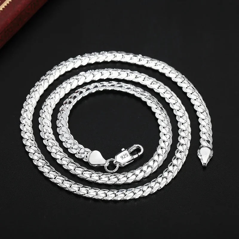 Luxury 925 Sterling Silver Necklace 6MM Sideways Chain for Women and Men