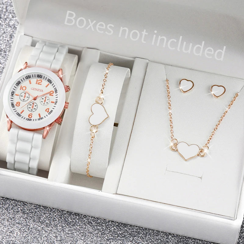 Women’s Fashion Quartz Watch Set with Silicone Band and Jewelry Accessories 5-6PCS