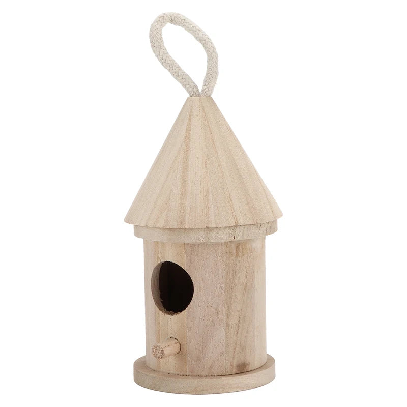 Wooden Hanging Bird House with Cotton Rope - Outdoor Garden Decoration