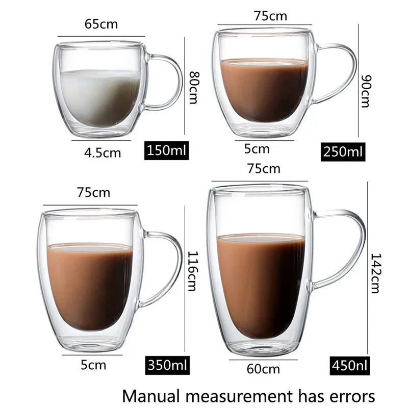 Heat Resistant Double Wall Glass Cups Set of Multiple Sizes for Coffee Tea Water