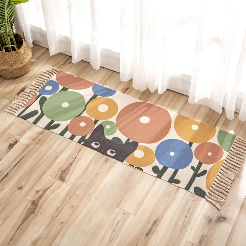 Boho Cotton Linen Rug 60x180cm with Tassels - Handwoven Floor Decor Carpet