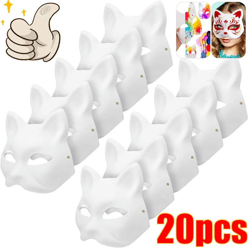 20pcs Japanese Mask Paper Blank Cat Face Masks for DIY Halloween Cosplay Party Decor
