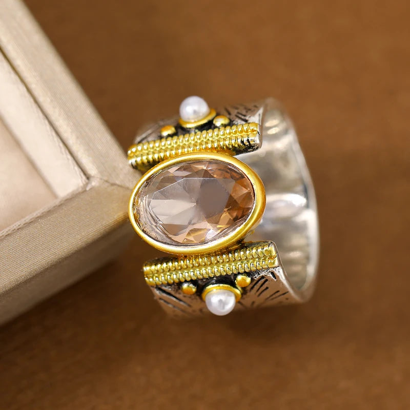 Exaggerated Wide-Gauge Vintage Ring with Artificial Gemstone in Copper - Adjustable Sizes